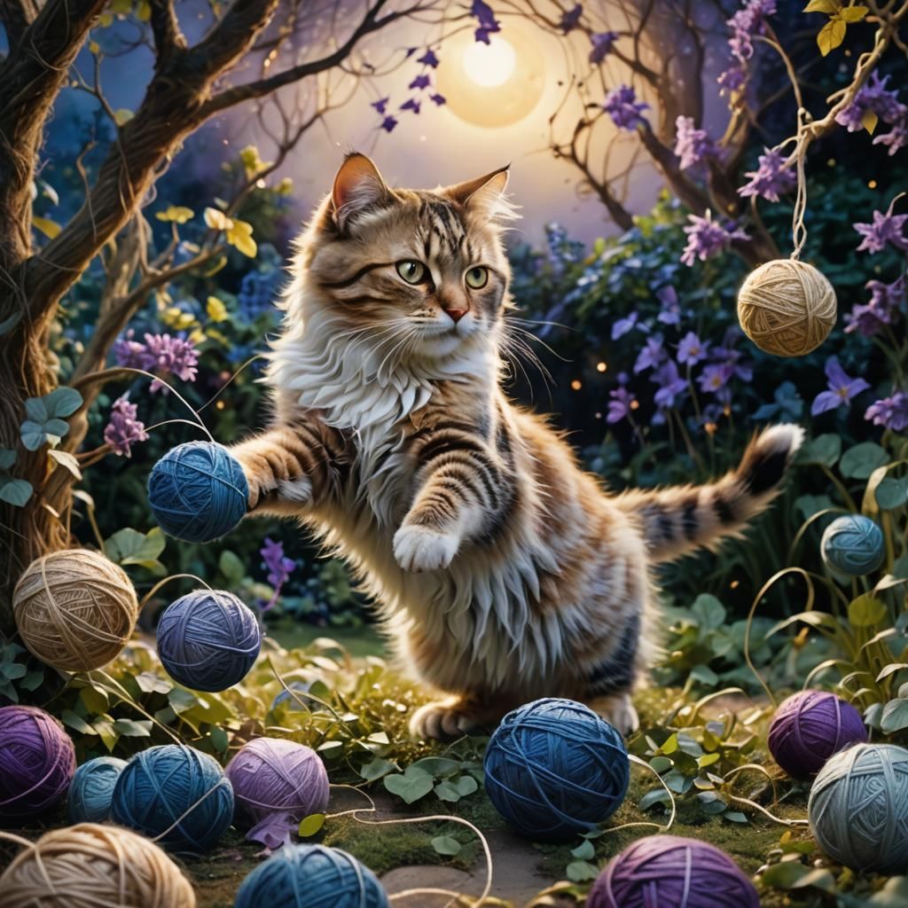 Whimsical Fantasy Cat Chases a Ball of Yarn in a Moonlit Gar...