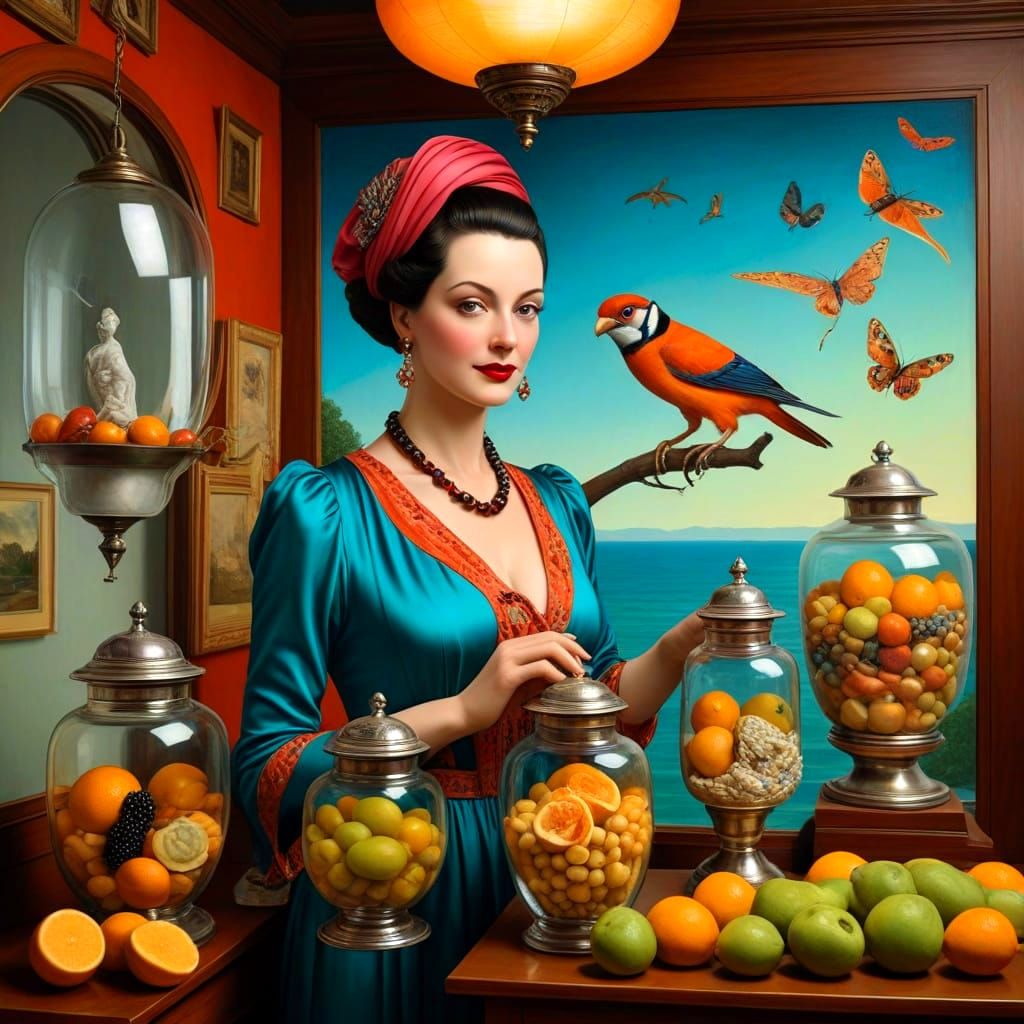 Glamorous Lady in 1920s Attire with Whimsical Creatures