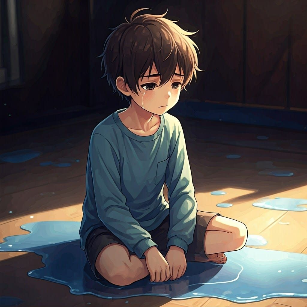 Young Boy Overwhelmed by Sorrow Amidst Rainy Ruin
