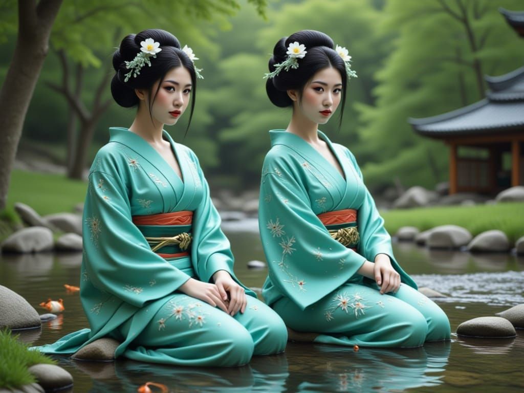 Duo Geisha with Jade Koi Stream Harmony
"A photorealistic duo of geisha with bold jade eyes and matching jade kimonos, high resolution, natu...