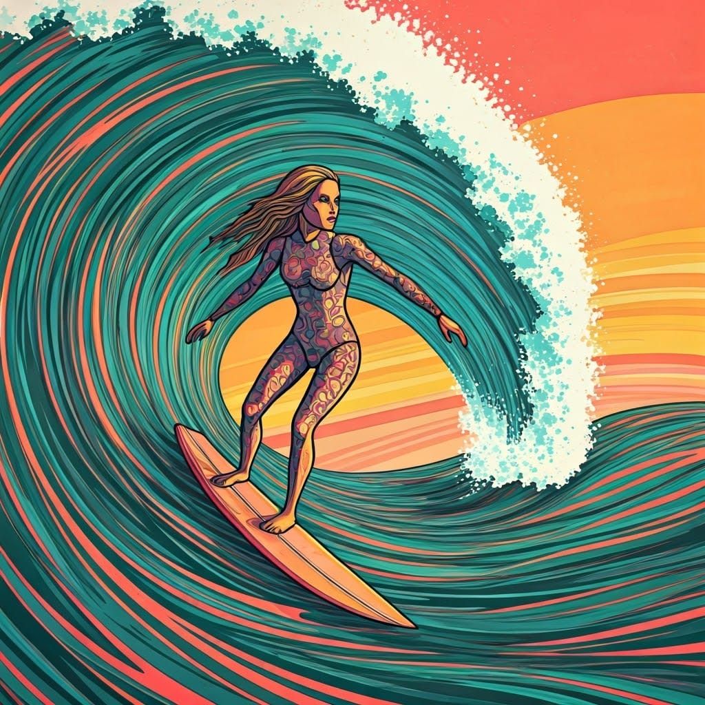 Vibrant color ink painting of a surfer girl in expressive wetsuit surfing on the waves of the ocean