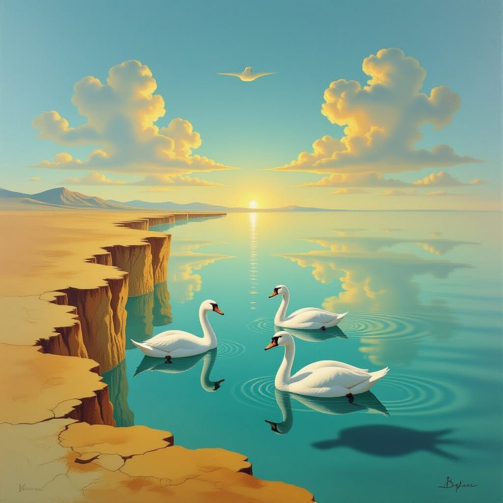 Surreal Swans in Sunset Waters, Salvador Dali Style
