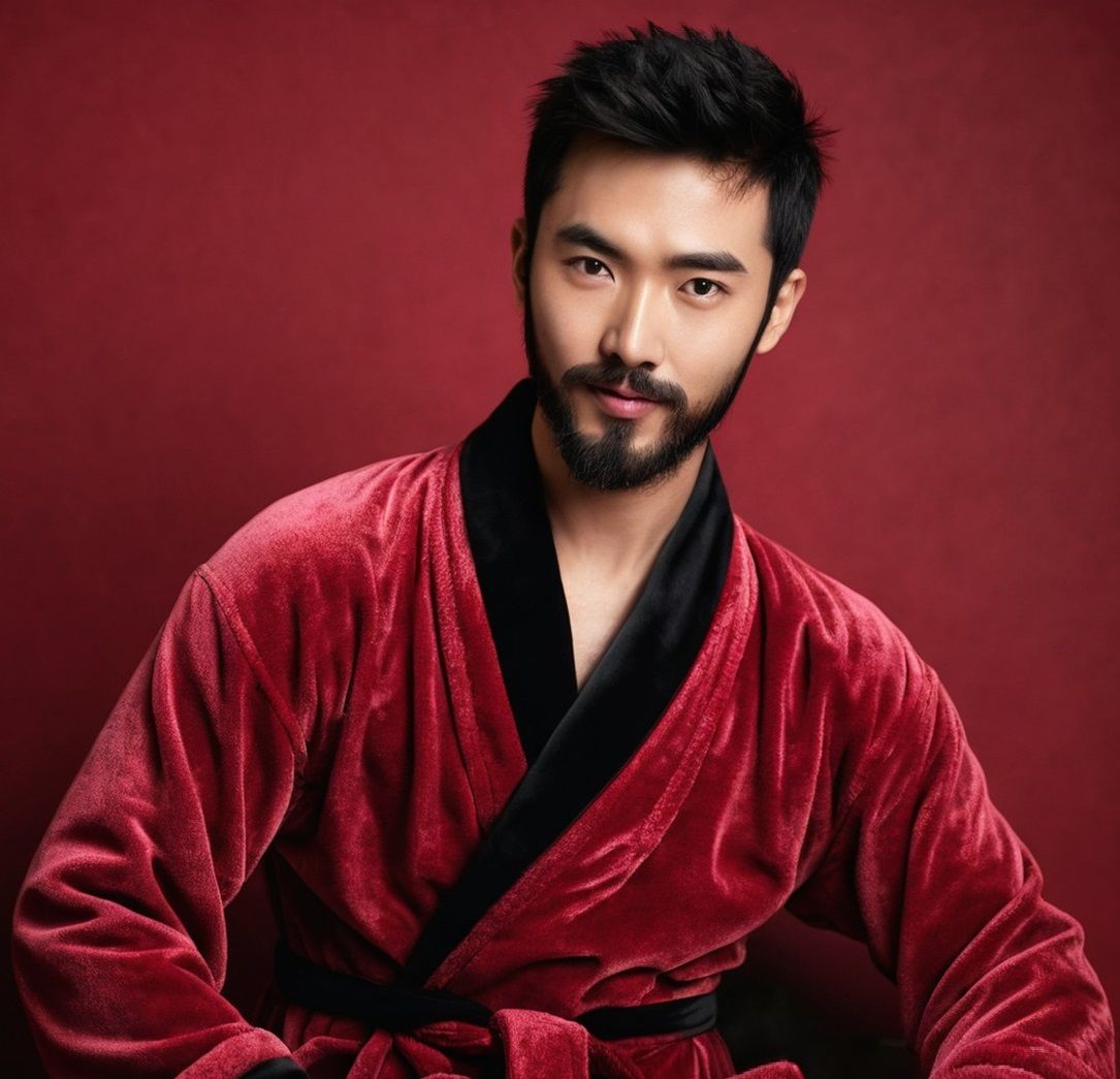 A young bearded man wearing a red  bathrobe