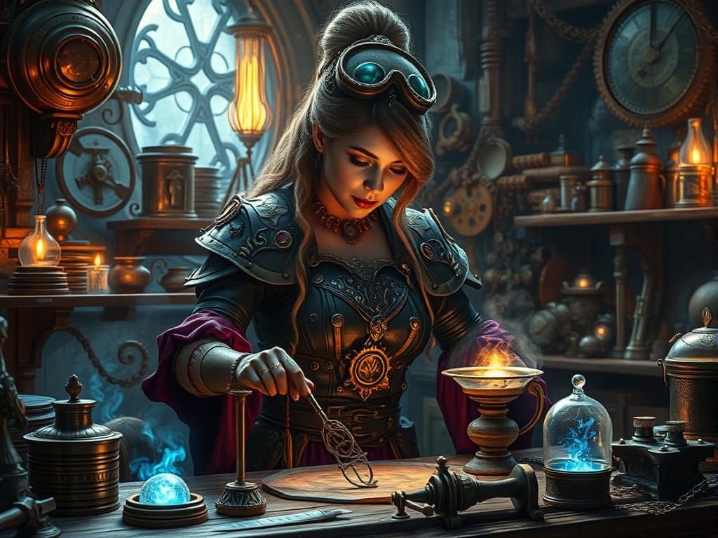 A sorceress inventor creating steampunk styled magic items in a high fantasy futuristic workshop.

Meticulous detail.
