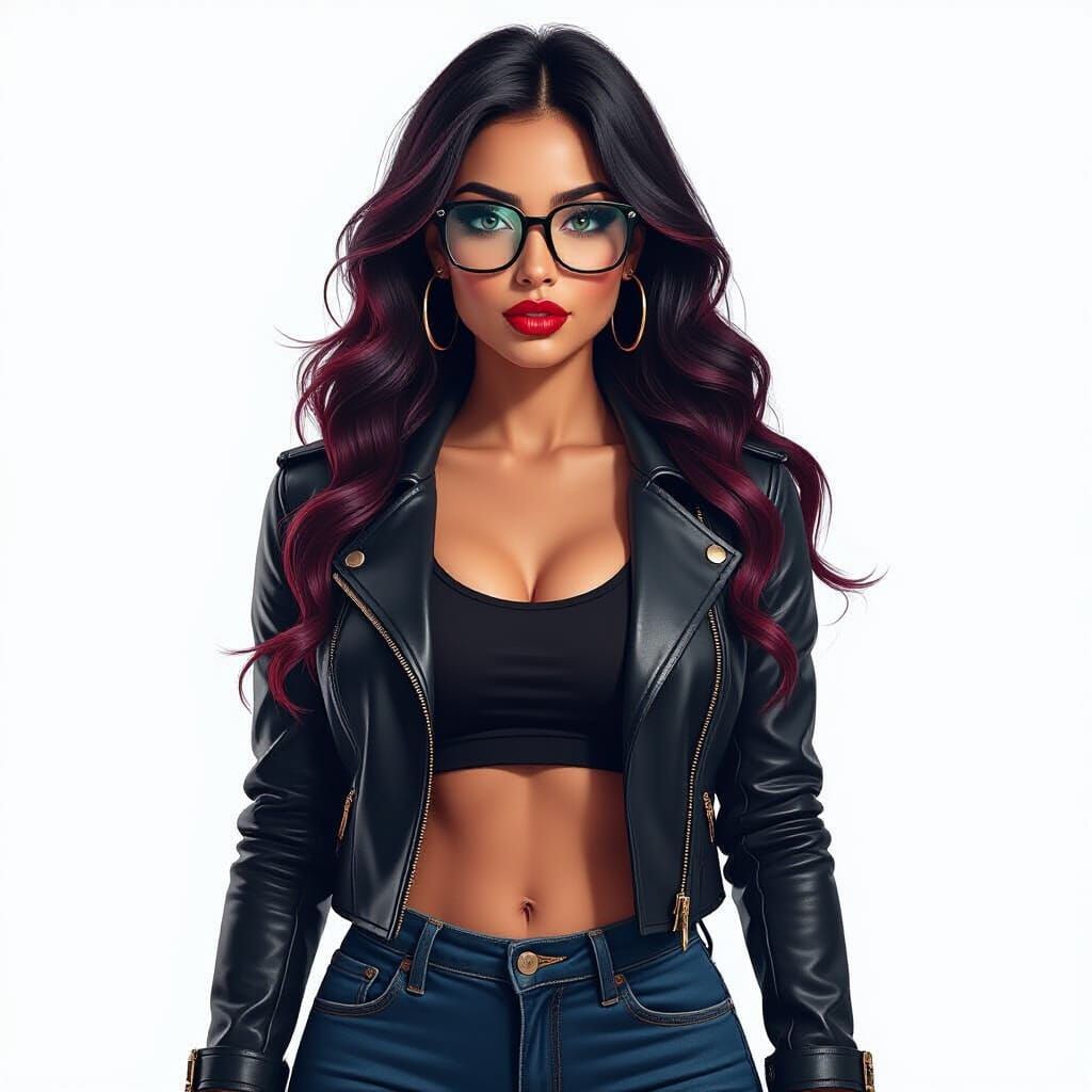 A super realistic, full body view of a Latina woman who looks like a real person, with long, slightly curly dark hair and red highlights. Sh...