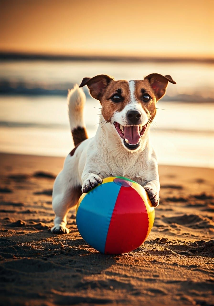 Dog playing with a ball Toy at the beach.