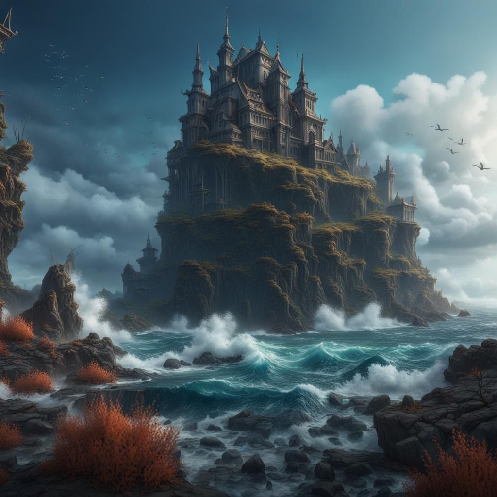 An island fortress surrounded by ocean - AI Generated Artwork ...