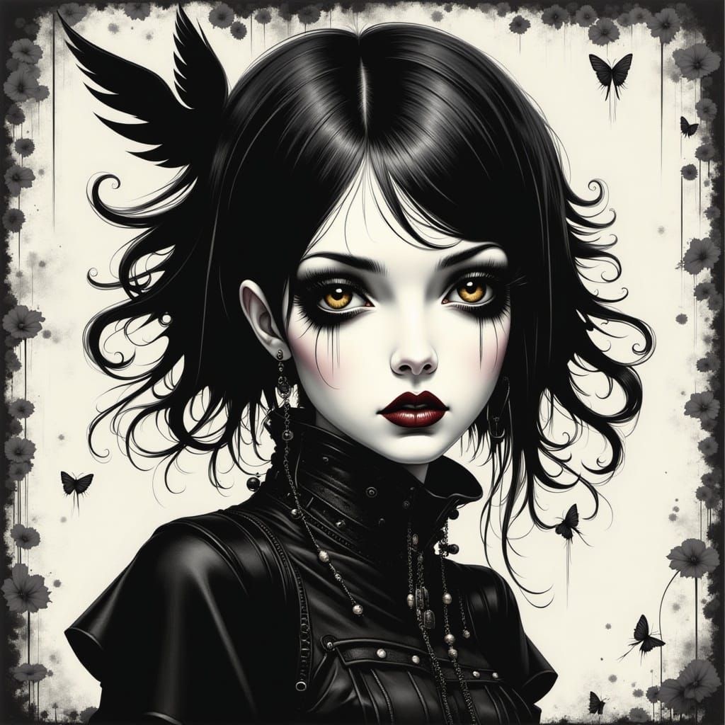 <lora:GPF:1.0> Realistic oil painting portrait. Medium shot. A goth punk girl with wild curly dark brown hair and multi-layered hazel eyes l...