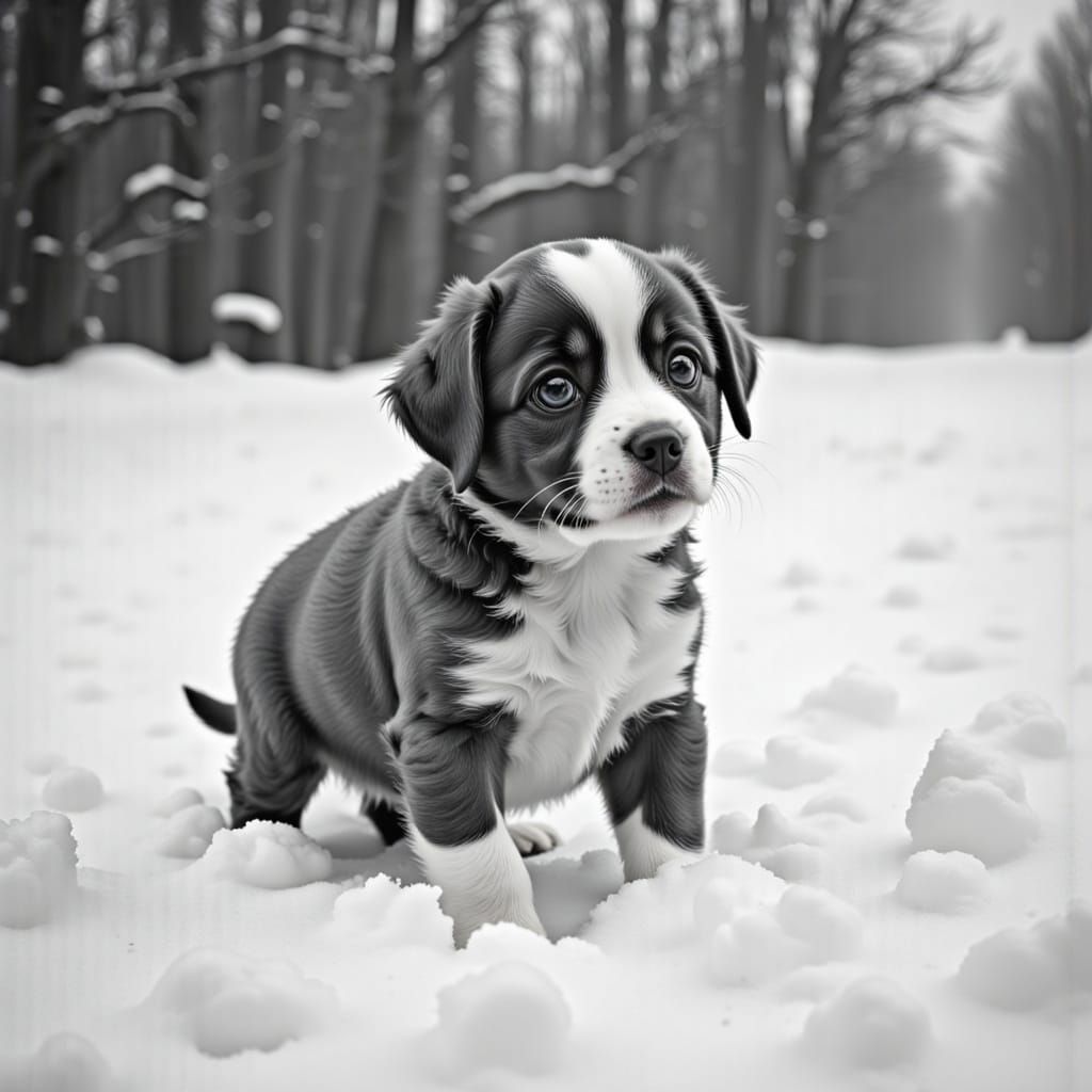  <lora:BW Photo:1.0> black and white monochrome photo-realistic scene of a puppy playing in snow