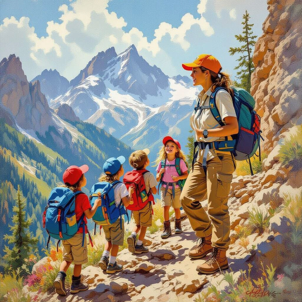 Day camp counselor on a hike with campers  by @undefined