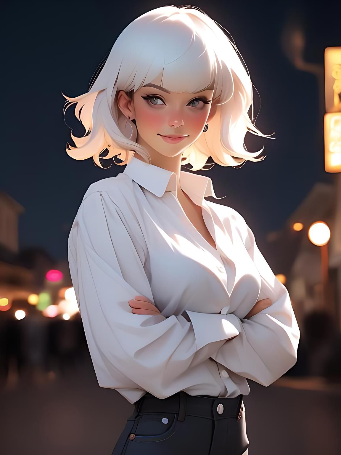 Smiling Girl with Multicolored Hair in City at Night