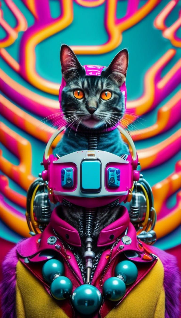 Matthieu Bourel portrait of a (funky cyborg cat:1.2), futuristic style, colorful, surreal, masterpiece, 8k, award winning photography, profe...