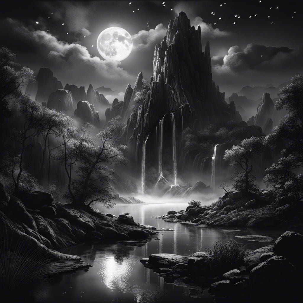 Black and white ink draw of a landscape  by @Gorbelix