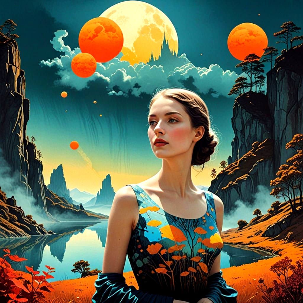 Surrealist Woman in a Dreamlike Landscape