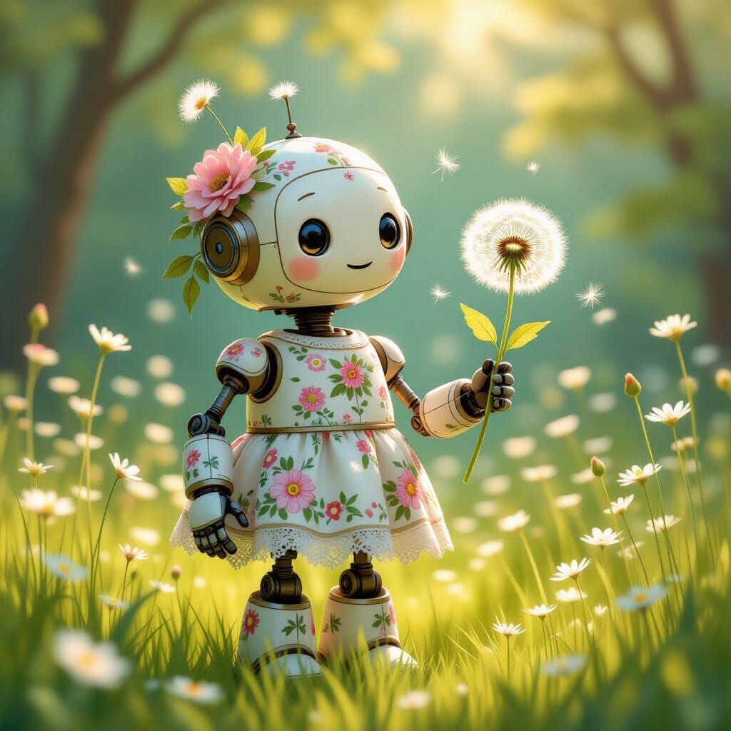 A whimsical robot adorned with intricate floral patterns and delicate lace, standing in a sun-dappled ...  by @Elena