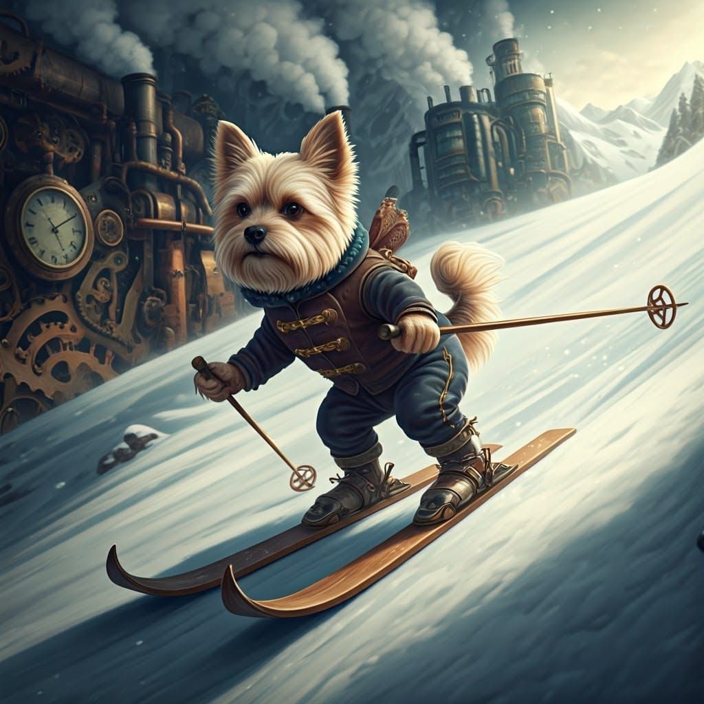 Fluffy Dog Sleds Down Industrial Snowy Slope in Steampunk Ge...