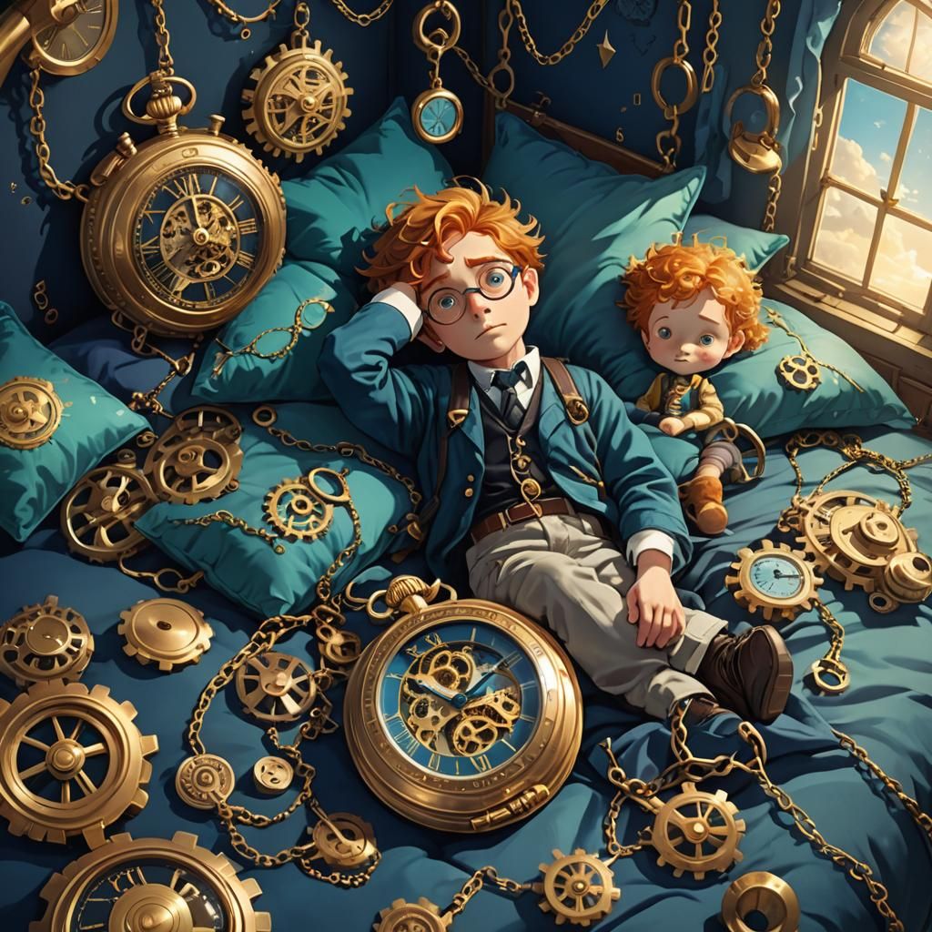 Whimsical Fantasy Scene with Golden Watch and Sleeping Child