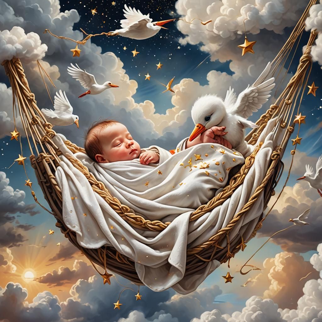 Whimsical Fantasy Scene with Baby in Clouds Held by Stork in...
