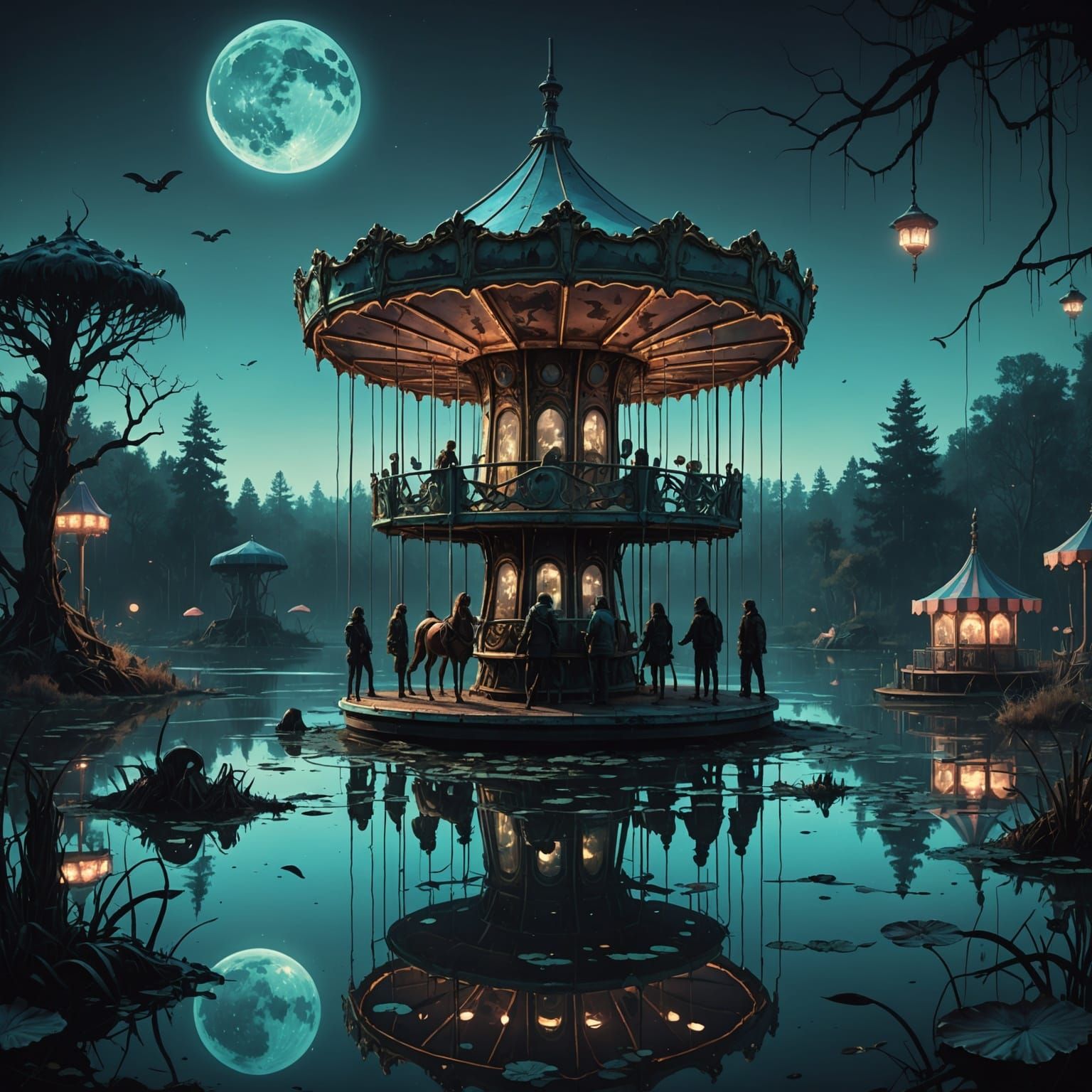 An abandoned, overgrown amusement park carousel, half-submerged in a murky lake, with a lone, spectral figure operating the controls. The sc...