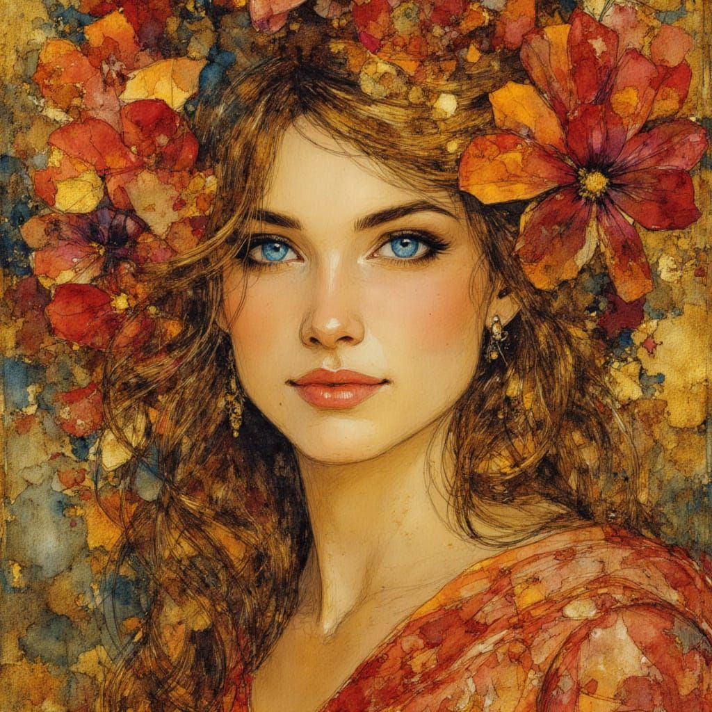 Nature goddess, gold and crimson hues, in Klimt style <lora:Earth and wash:1.0>