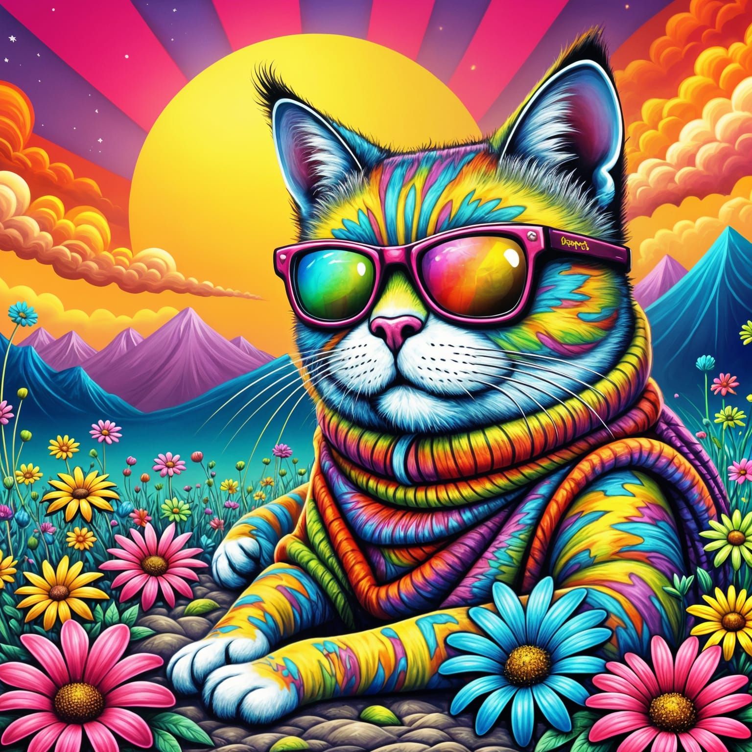 <lora:FiosFantasyGlow:1.0> Hippy cat with psychedelic colored groovy glasses, pop art daisy background