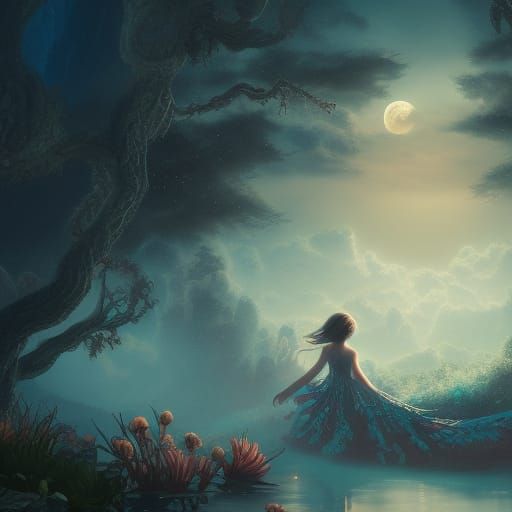 Moon night tree sea alon girl - AI Generated Artwork - NightCafe Creator