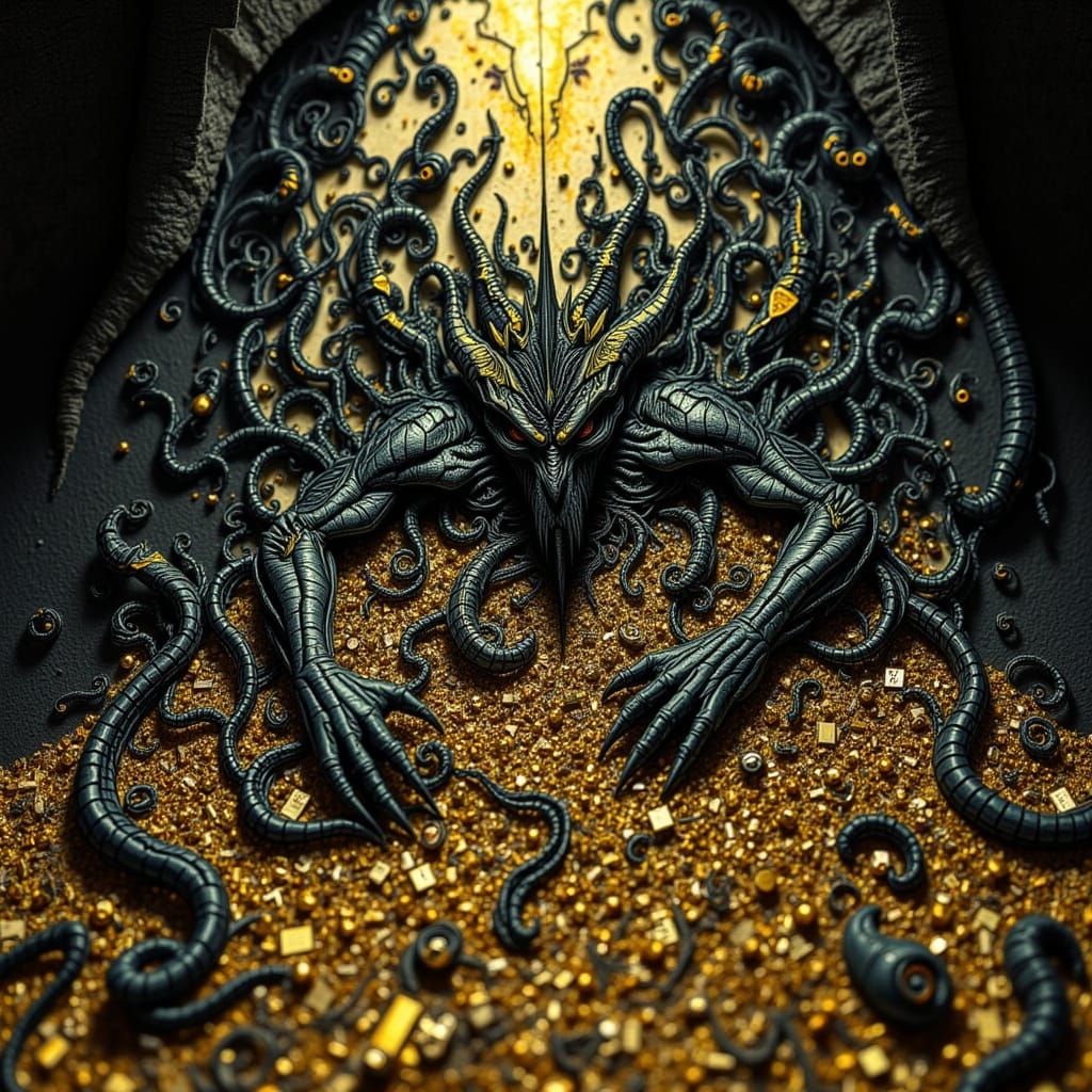 <lora:DreadKnot Theory:1.0> A content Dragon taking a nap on an insanely enormous mound of gold treasures while a single pinpoint ray of sun...