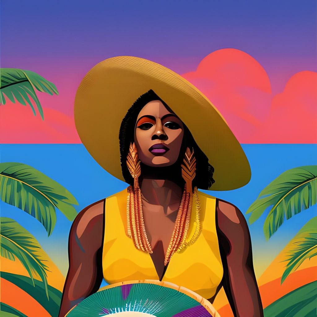 Painting, Jamaican woman, djembe drum, tropical beach, sunset, coconut ...