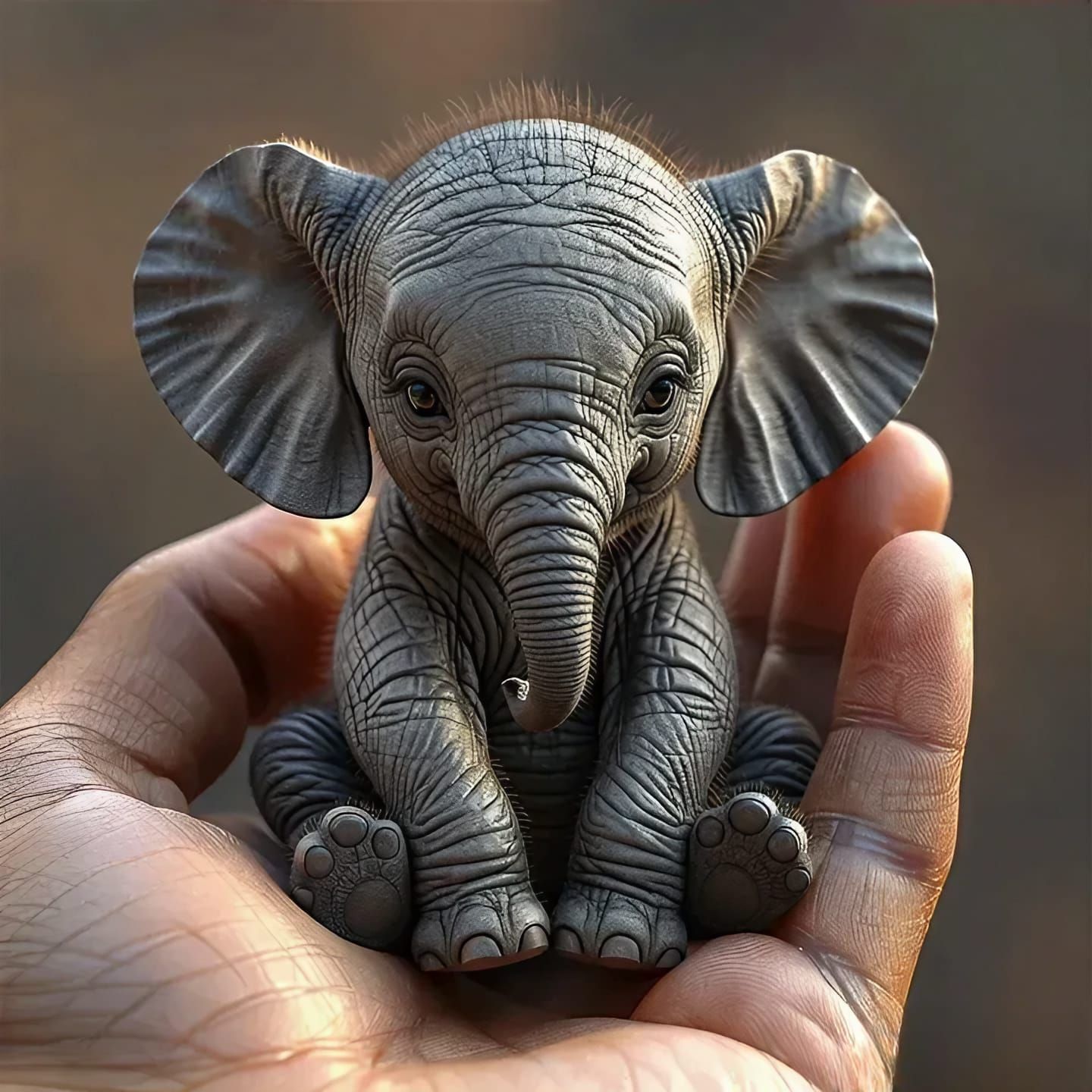Tiny baby elephant sitting on a human hand