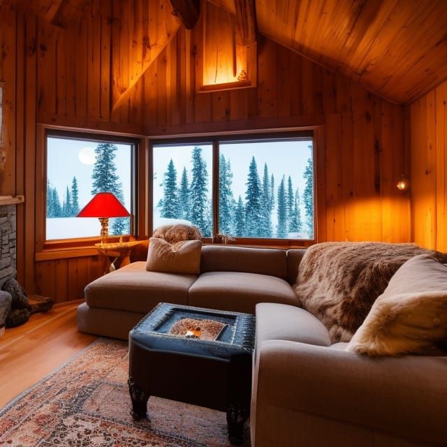 Warm crackling fire in a fireplace, inside of a wooden cabin with snow outside the window, bookshelf ...  by @Silverbloom 