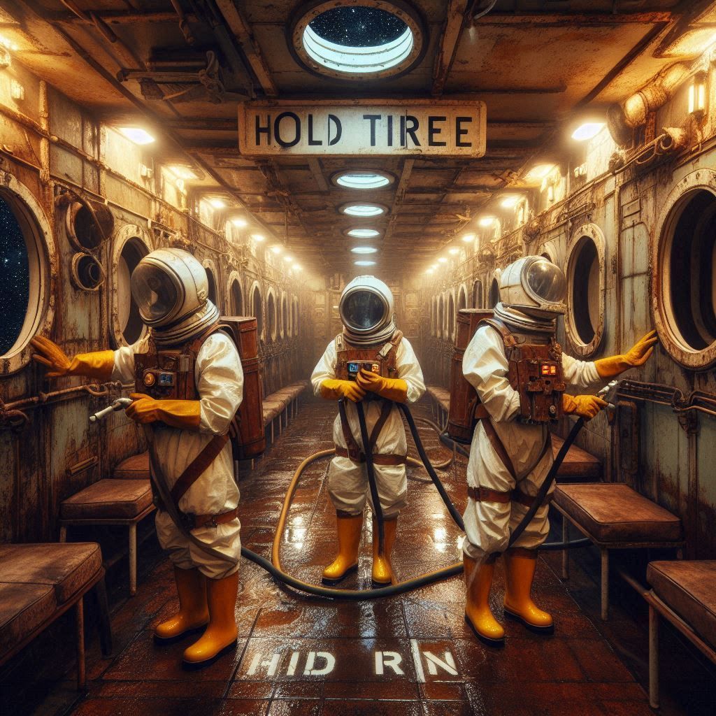 The empty hold of an old spacefreighter is being cleaned by ...