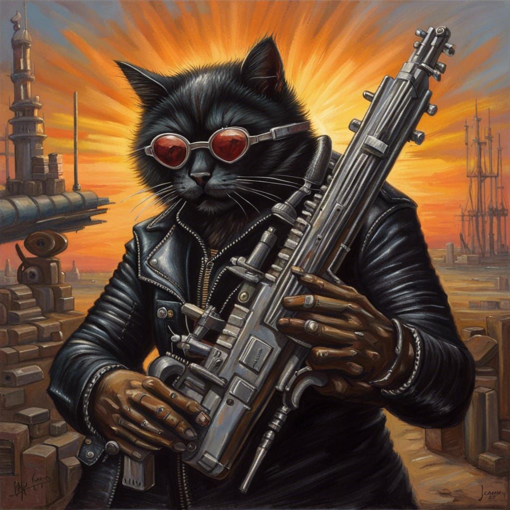 Dark Fantasy Cat in Black Leather Jacket under Sunset Oil Pa...
