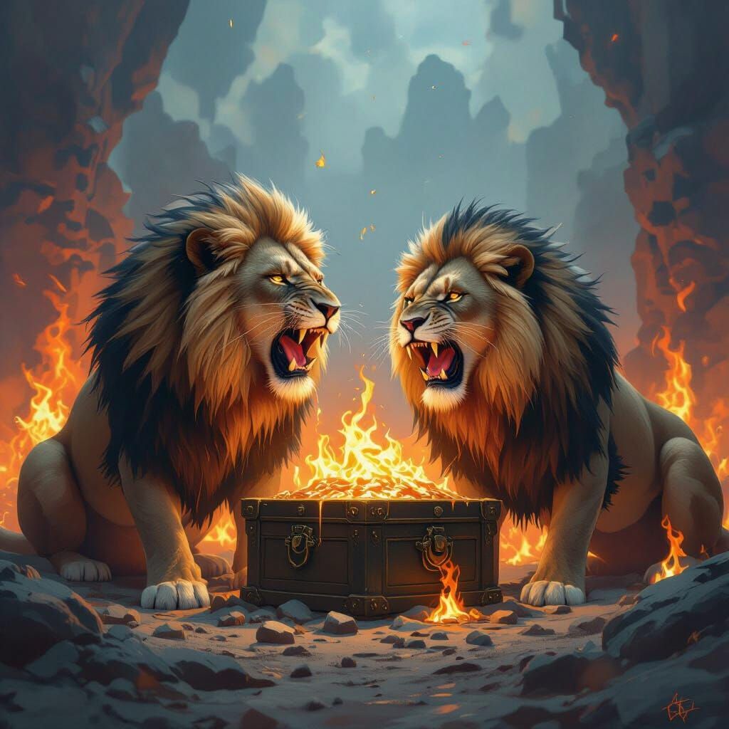 Regal Lions Guarding Fiery Treasure with Roars