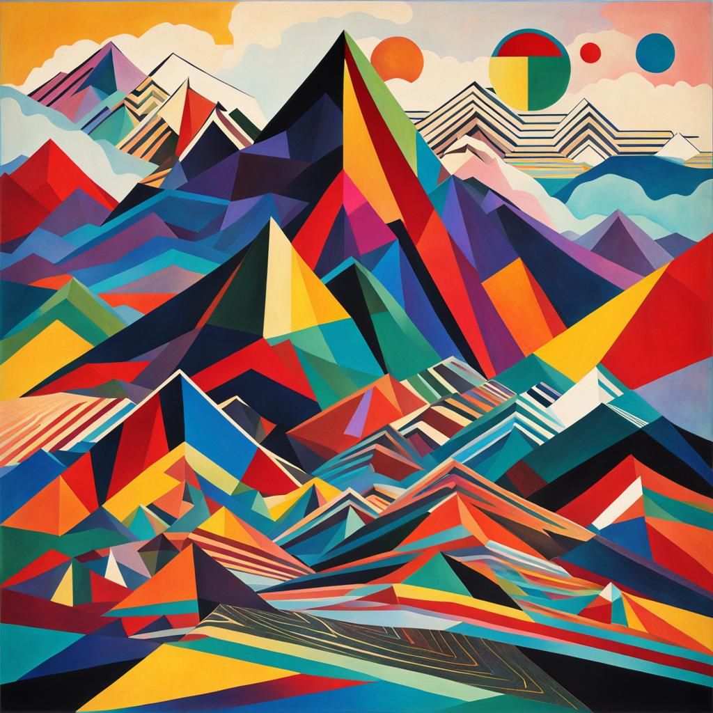 Geometric mountainscape, towering angular peaks in prismatic colors, high contrast linear composition, ...  by @Patrick Francart