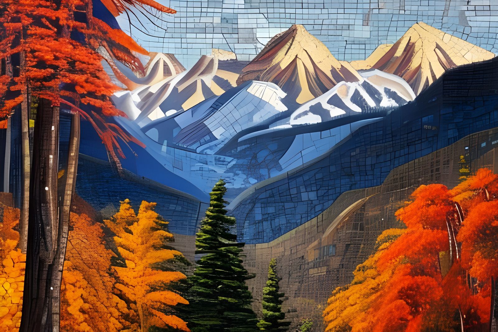 A Peaceful Fall Color Forest Valley with snow capped mountains  undefined