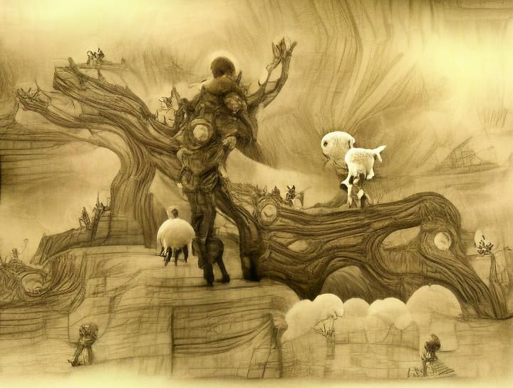 Concept art, pencil sketch, sepia tone; Hugo and the Lamb ascend the World Tree
