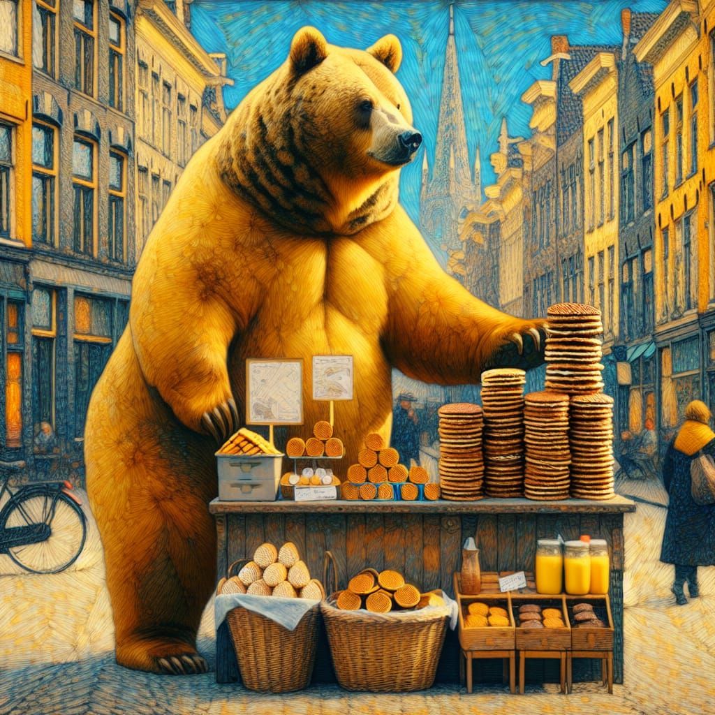 A bear selling stroopwafels in the city