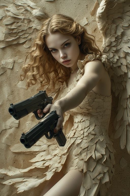 GOTHIC FEMALE ANGEL HOLDING TWO BERETTA PISTOLS IN A SHOOTOU...