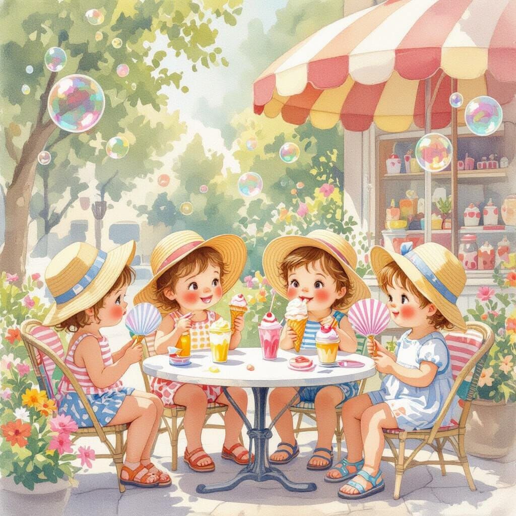 Water colour illustration continuation of previous projects
Sunny outdoor café scene with a queue of adorable toddler customers waiting for ...