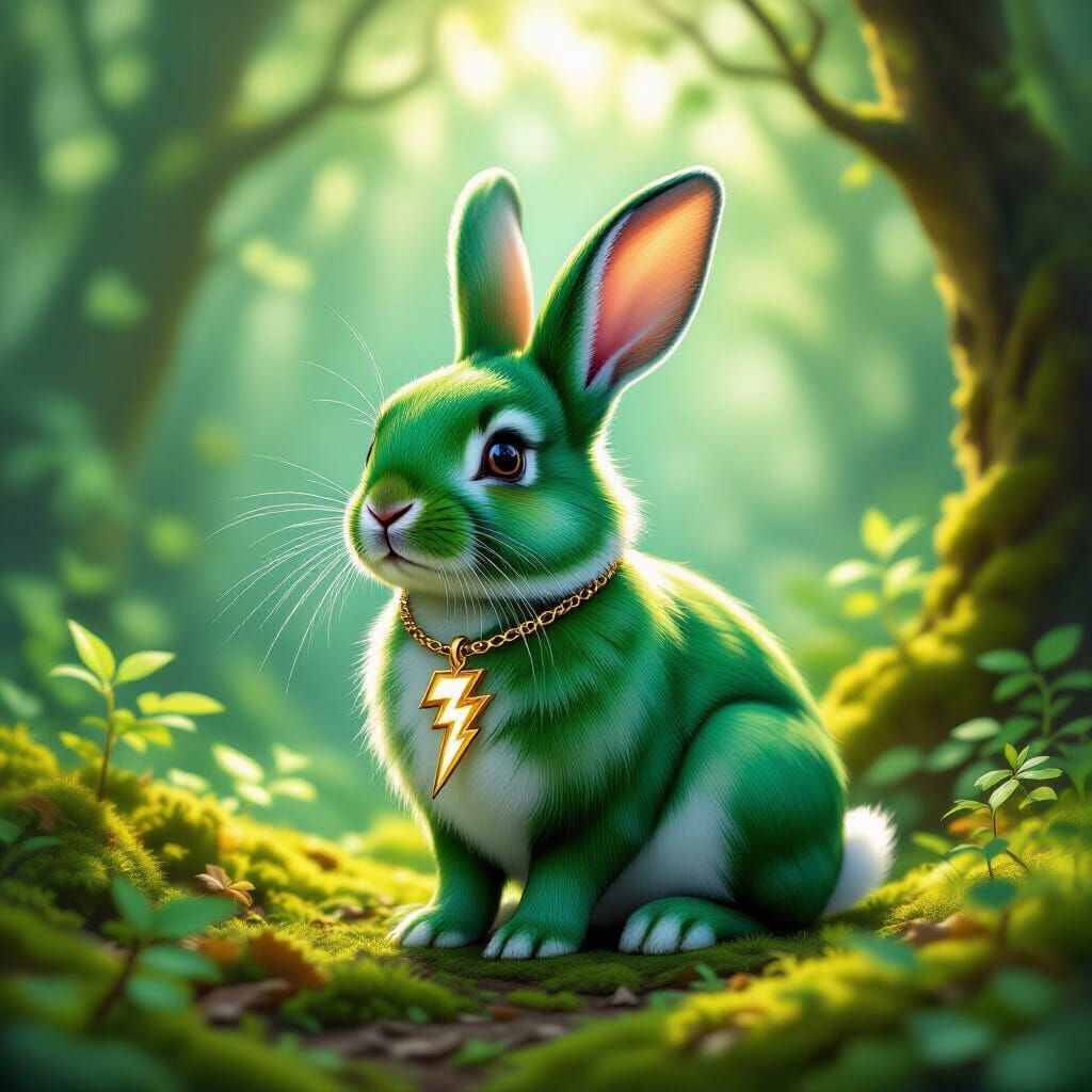 green rabbit with a thunderbolt pendant