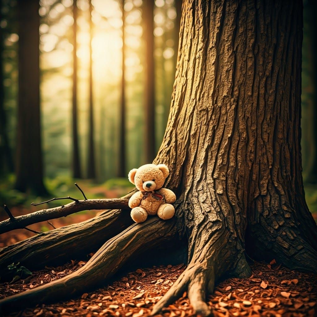 Whimsical Forest Scene with Teddy Bear, Inspired by Cinemati...