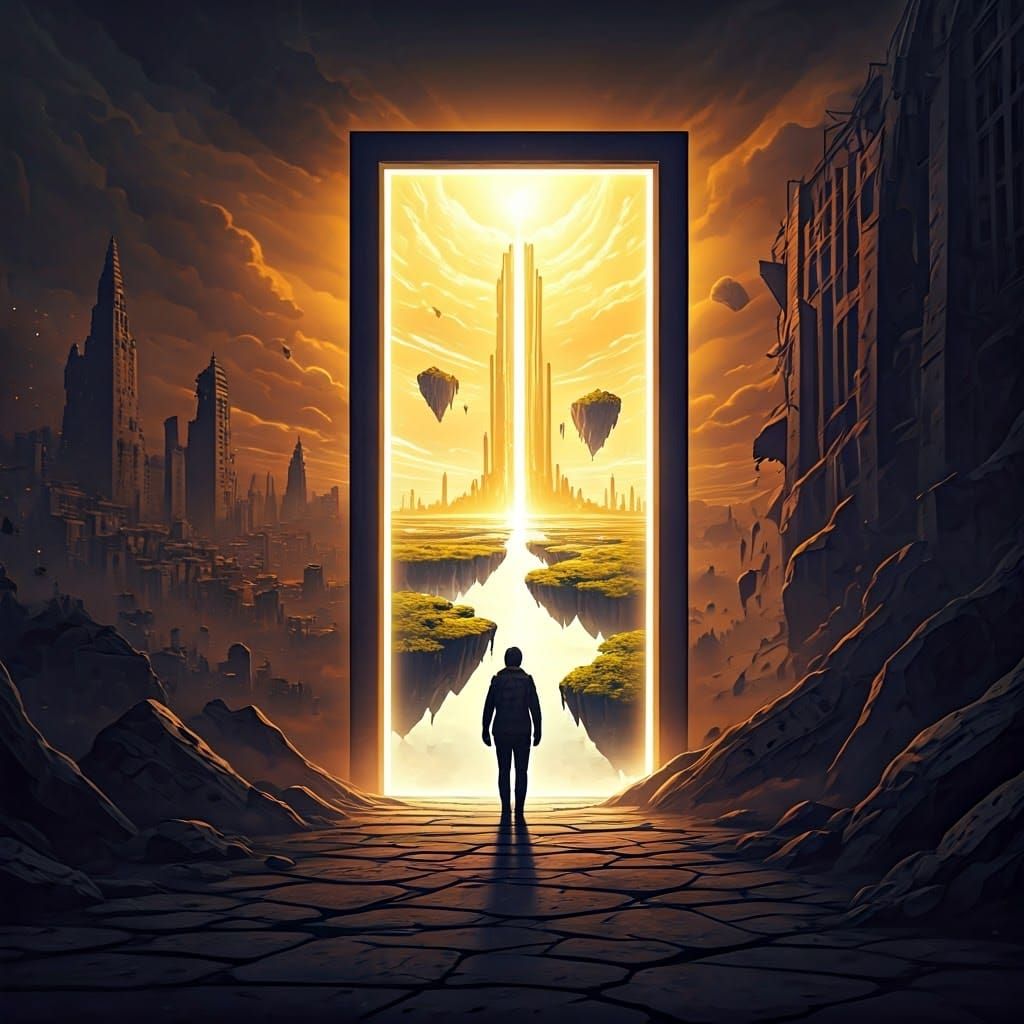 A lone traveler stands at the edge of a massive, glowing doorway suspended between two worlds.  by @mgafner