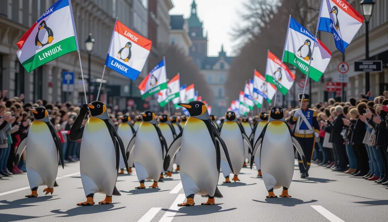 Photorealistic image of a parade for the Year of the Linux Desktop. People on the sidewalk are waving ...  by @Mikrotherion