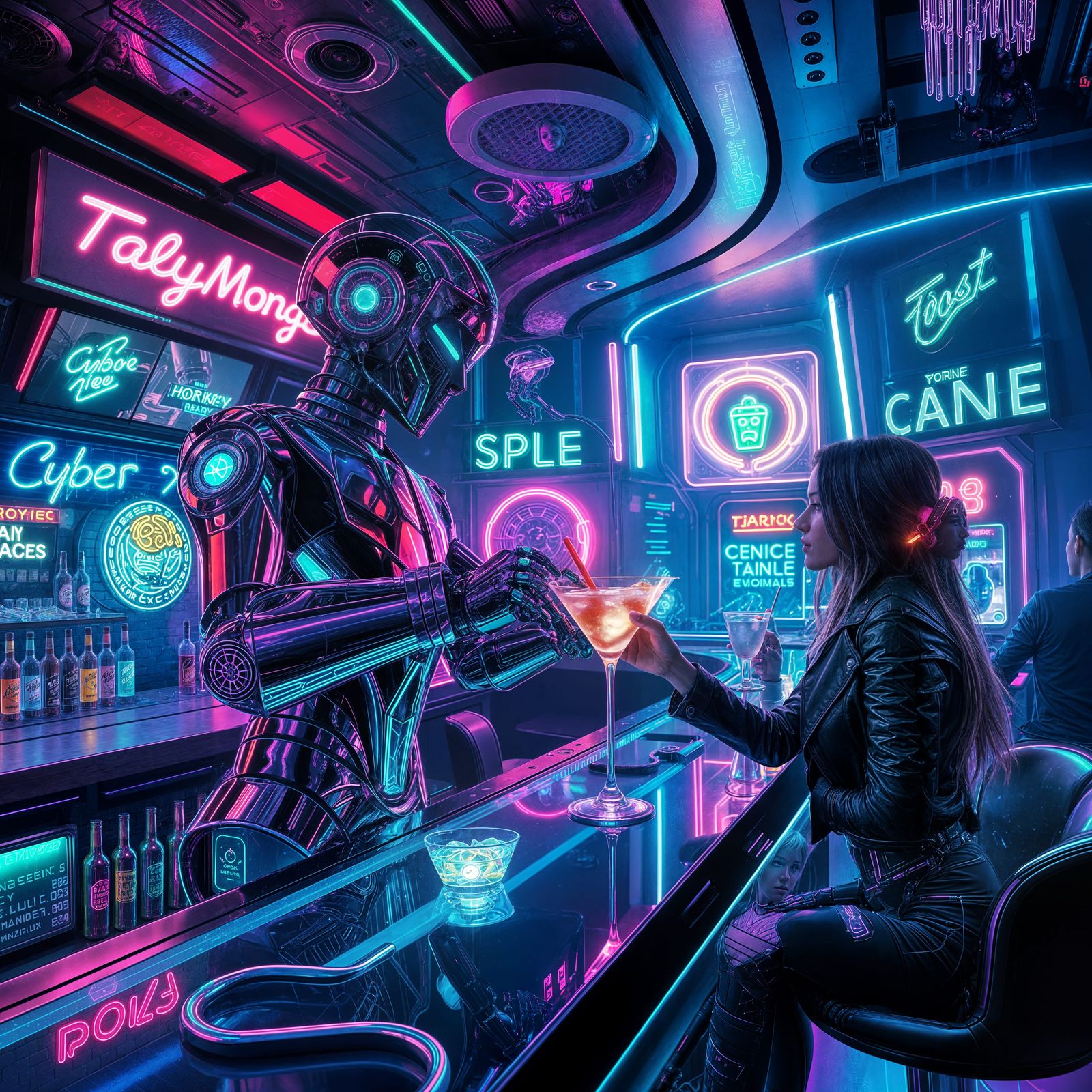 An aerodynamic cyberpunk bar full of neon lights and holograms. A robot bartender pours a beautiful young ...  by @Kritteria
