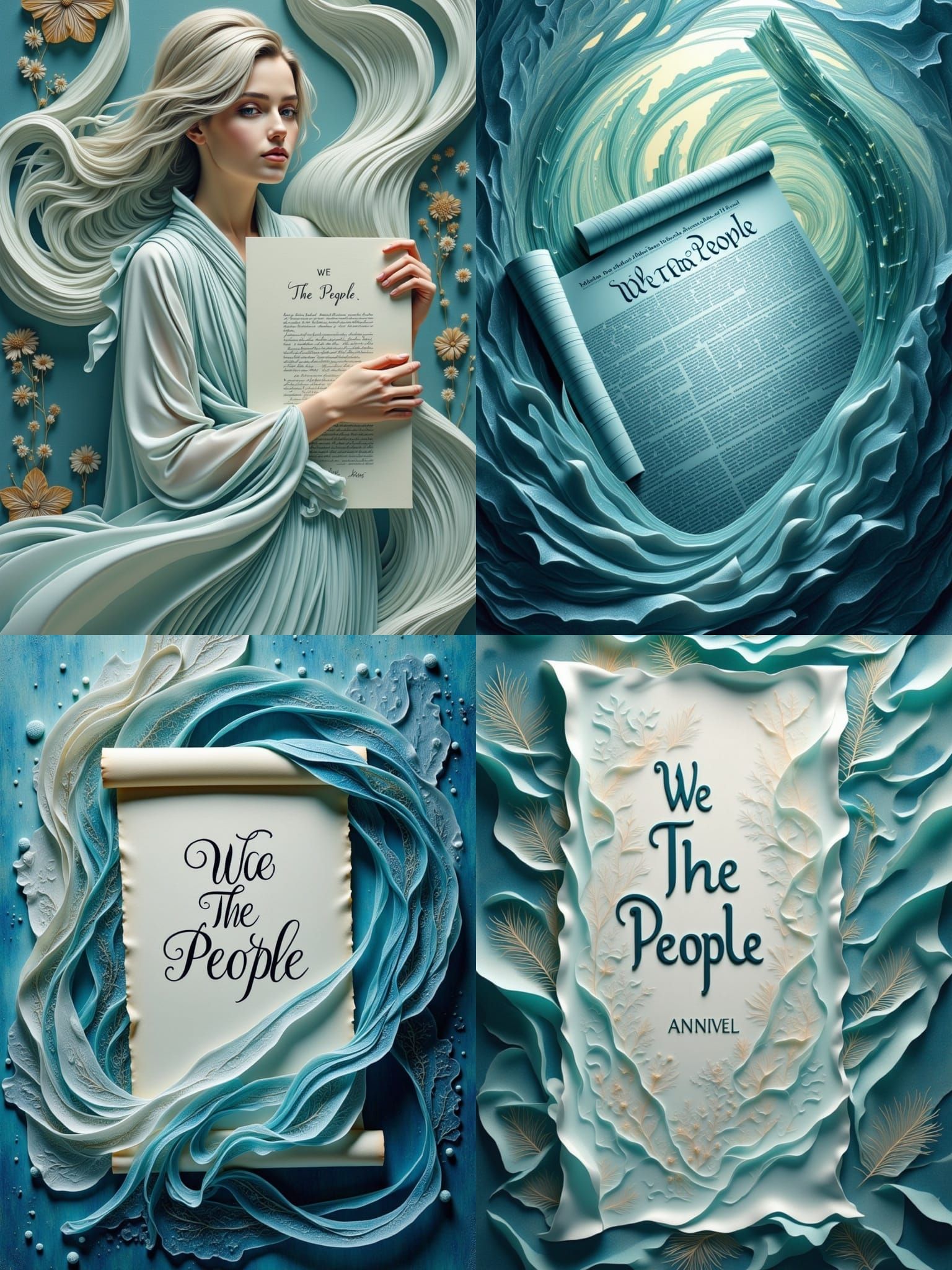 <lora:Mirpar02:1.0>A swirling, abstract interpretation of the US Constitution, rendered in flowing, translucent blues and greens. Imagine wa...