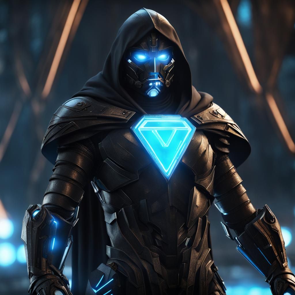 Jet black Onyx futuristic knight with a technological Glowing blue eyes ...