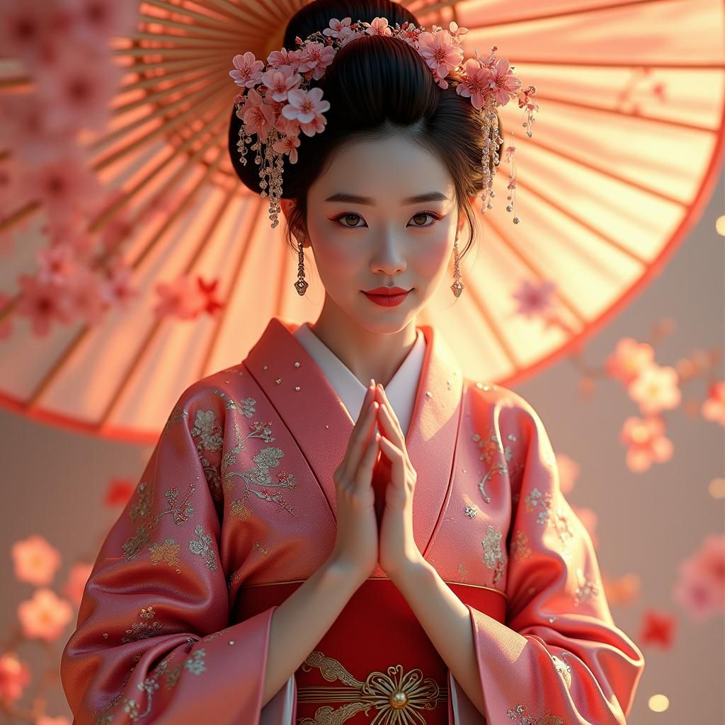 Dancing Geisha with a dreamy, glittering, cherry blossom kimono
  by @Dorian