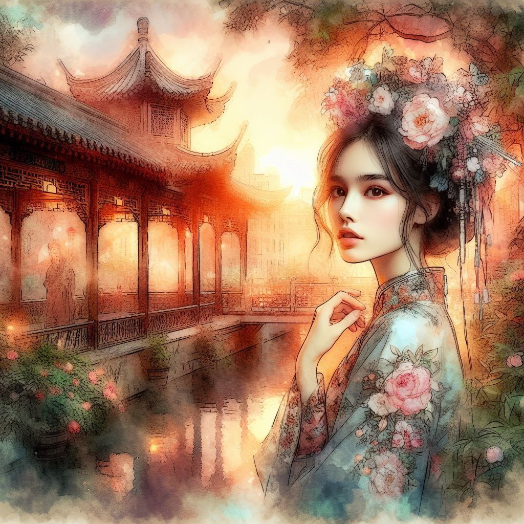 Portrait, Beautiful Victorian Chinese Lady in a Chinees Gard...