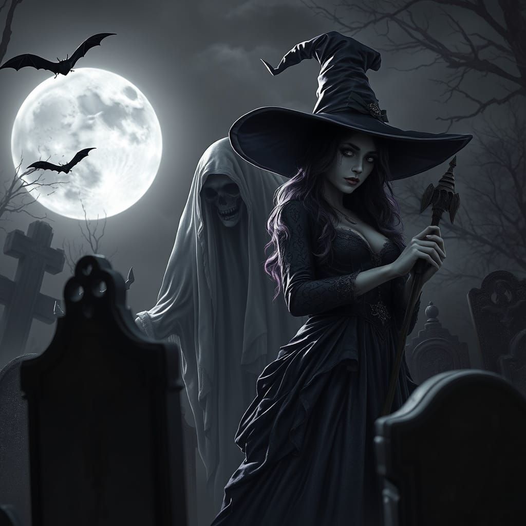 Close up. All Monochrome crisp clear black and white ultra realistic image. Two figures. A creepy ghost and a beautiful witch. the ghost beh...