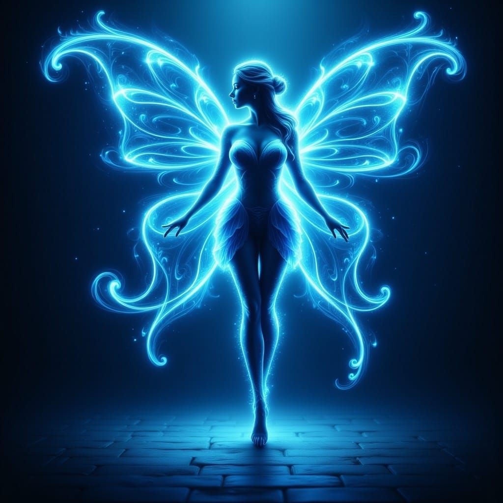 <lora:Ghost Flux:1.0> A stunning magical fairy made of blue glowing energy, 32k, ultradetailed, intrincate design, a masterpiece, perfect co...